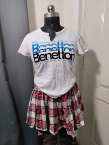Benetton Graphic T-Shirt and Plaid Skirt Set