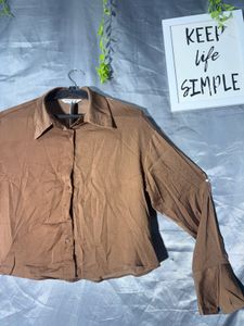 Brown Bell Sleeve Collared crop Shirt