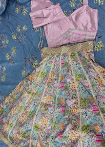 Designer Pink Brocade Blouse &amp; Printed Lehenga Set