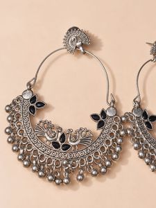 Oxidised Silver Earrings with Peacock Design