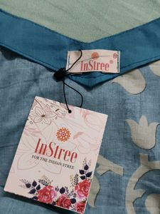 In Stree Teal Blue Cotton Embroidered Kurta Set