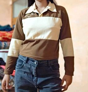 Korean Brown Colorblocked Crop Top