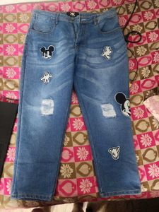 Blue Denim Jeans with Mickey Mouse Patches
