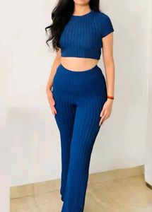 Blue Ribbed Crop Top & Flare Pants Set