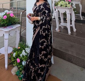 Elegant Black partywear Saree with roseGold Embroi
