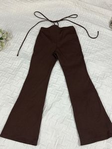 Brown Shimmer Flare Pants with Tie-Up De
