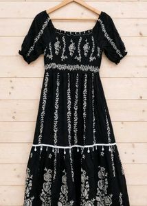 Boho Embroidered Black Midi Dress