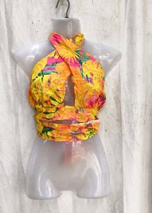 7168. Vibrant Tropical Halter Neck Crop Top