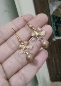 Gold Bow &amp; Pearl Drop Earrings