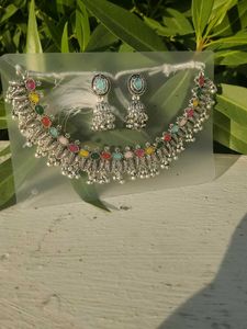 Boho Oxidized Silver Necklace &amp; Earrings