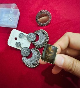 Combo - Boho Silver Tone Earrings & Ring Set