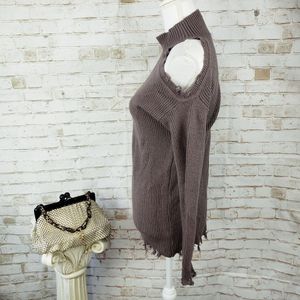 Imported Taupe Cold Shoulder Mock Neck Fray Hem Ri