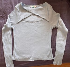 Light Blue Cut-Out Ribbed Long Sleeve Top