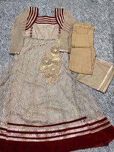 Elegant Beige &amp; Maroon Anarkali