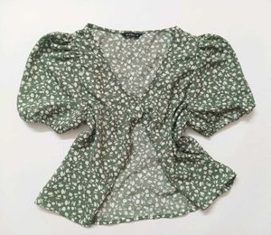 Green Floral Puff Sleeve Top shirt