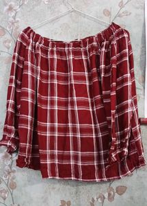 Maroon Plaid Off-Shoulder Top
