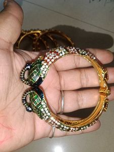Red &amp; Gold Bangle Set with Peacock Kada