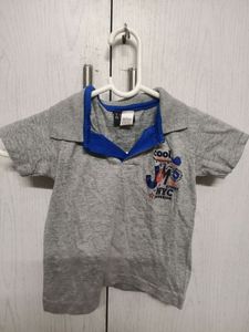 Boys Grey Printed Collar T Shirt