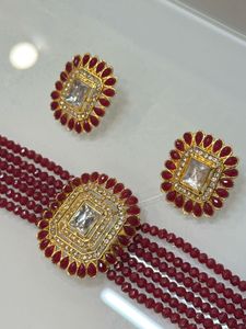 Maroon Beaded Choker Necklace &amp; Earrings Set