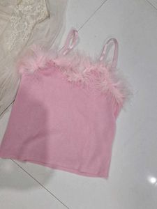Sheer Lace Blouse &amp; Pink Feather Cami Set