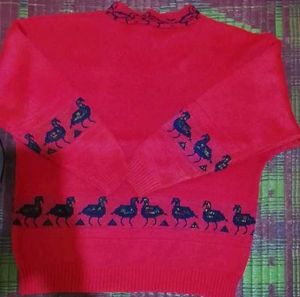 Charming Red Duck Print Sweater