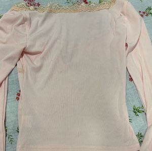 Cute Pink Lace Trim Long Sleeve Top size S BRAND N