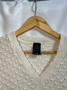 Cream Textured V-Neck Sweater