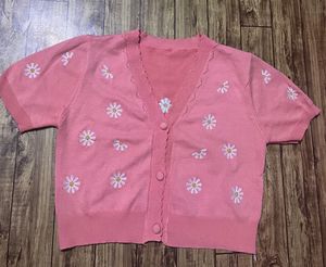 Pink Daisy Embroidered Knit Cardigan