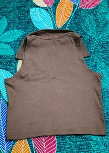 Brown Collared Sleeveless Crop Top
