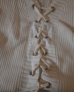 White Ribbed Lace-Up Knit Top