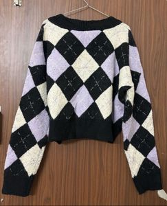 Argyle Pattern V-Neck crop Sweater
