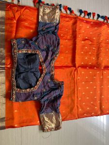 Vibrant Orange silk Saree with Blouse
