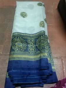 Elegant White Saree with Blue Border