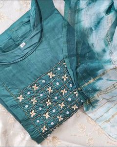 Sea Green Hand Work Kurti With Duppata