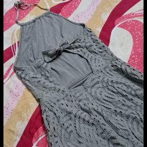 Grey Lace Halter Neck Dress with Bow Back