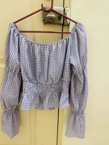 Blue Gingham Off-Shoulder Bell Sleeve Top