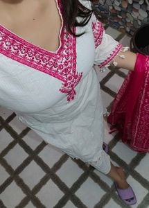White Kurta Set with Pink Dupatta