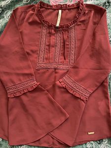 Solid Round Neck Brown Top For Women