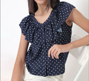 Rio- Navy Blue Polka Dot Ruffle Top