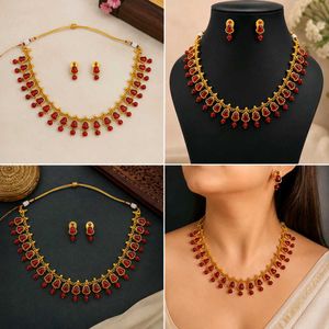 Gold Plated Red Stone Necklace &amp; Earrings Set