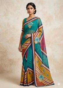 Vibrant Striped Saree with Floral Embroidery