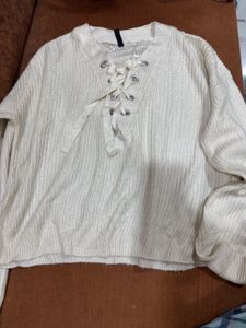 Cream Lace-Up Knit Sweater