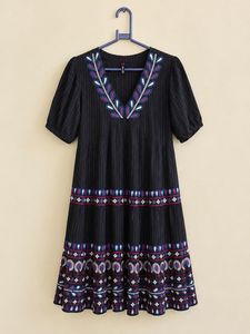 Embroidered Black Striped Dress