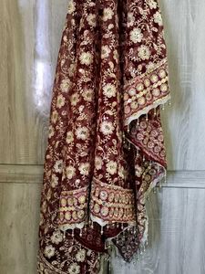 Maroon Embroidered Dupatta with Tassels