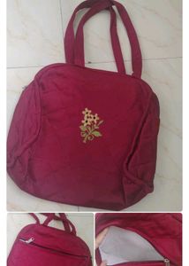 Quilted Maroon Tote Bag with Floral Embroidery