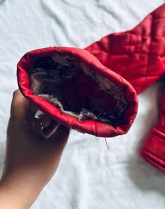 Red Quilted Faux Leather Jacket with Fur Collar