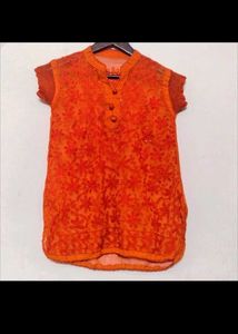 Orange Embroidered sheer top