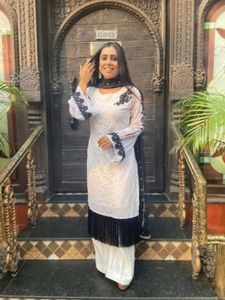 Elegant White Kurta Set with Black Embroidery