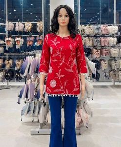 Red Floral Print Kurti with Tassels