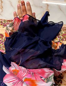 Navy Floral Print Gown with Embellished Belt
